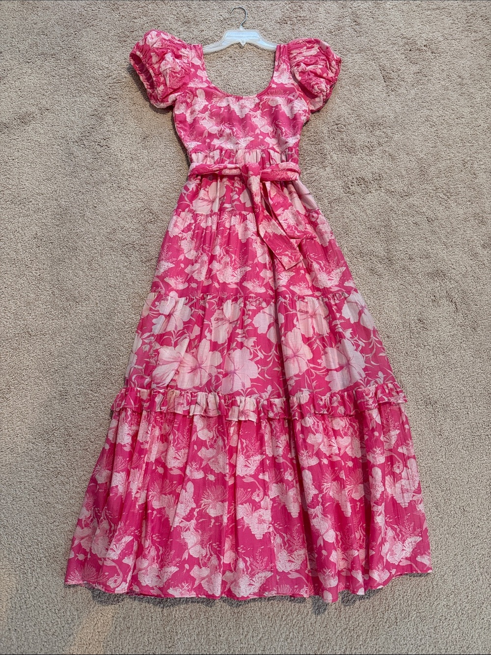 LoveShackFancy Pink Floral Puff-Sleeve Maxi Dress